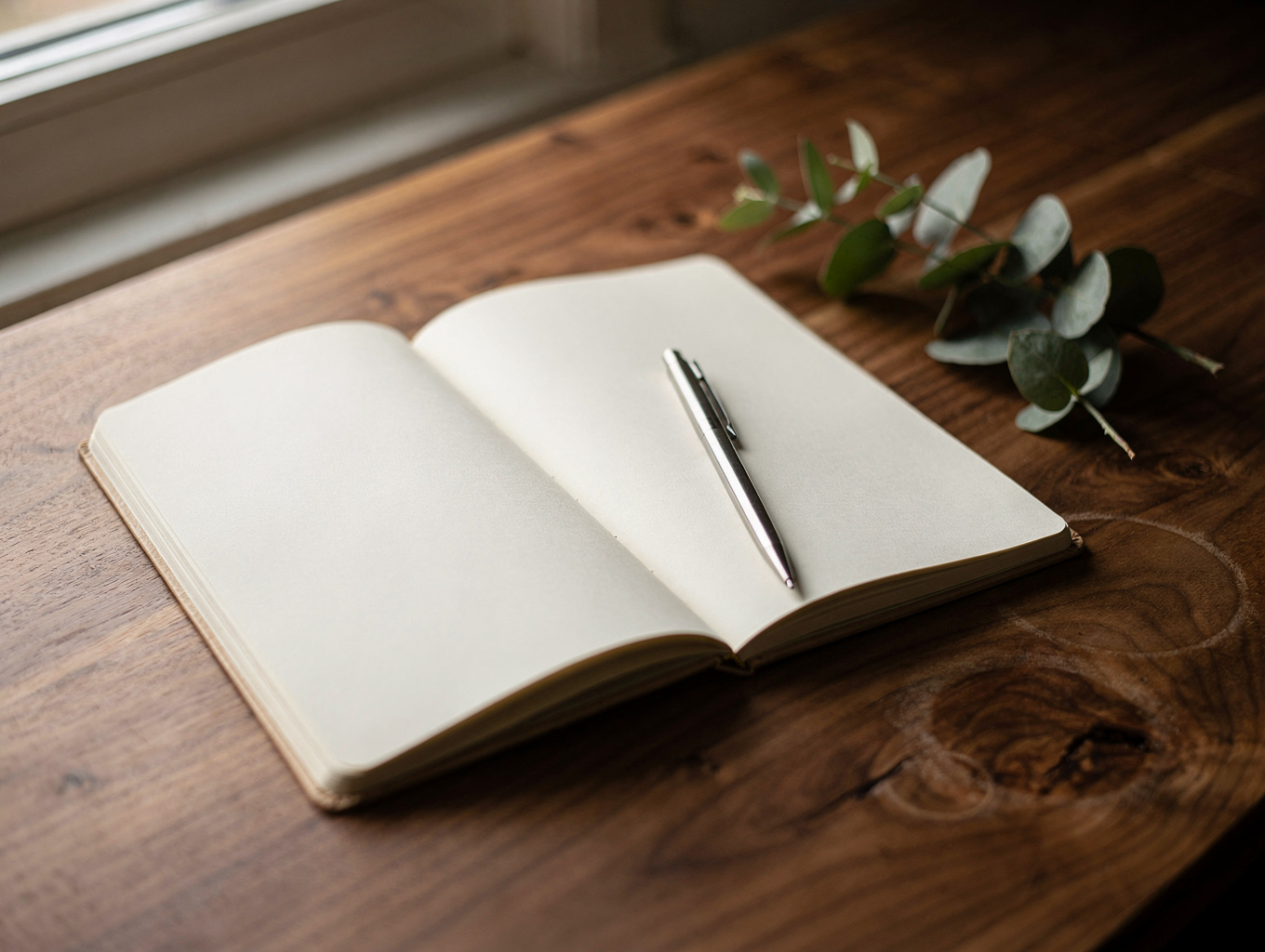 A notebook and coffee on a wooden table in soft morning light